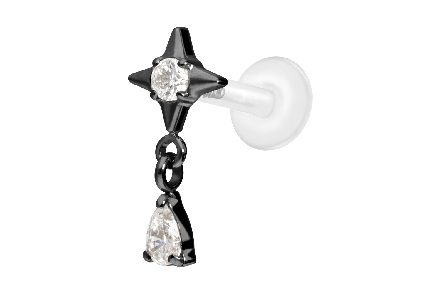 PTFE Labret Piercing mit Innengewinde + Titan-Aufsatz STERN + KRISTALLTROPFEN